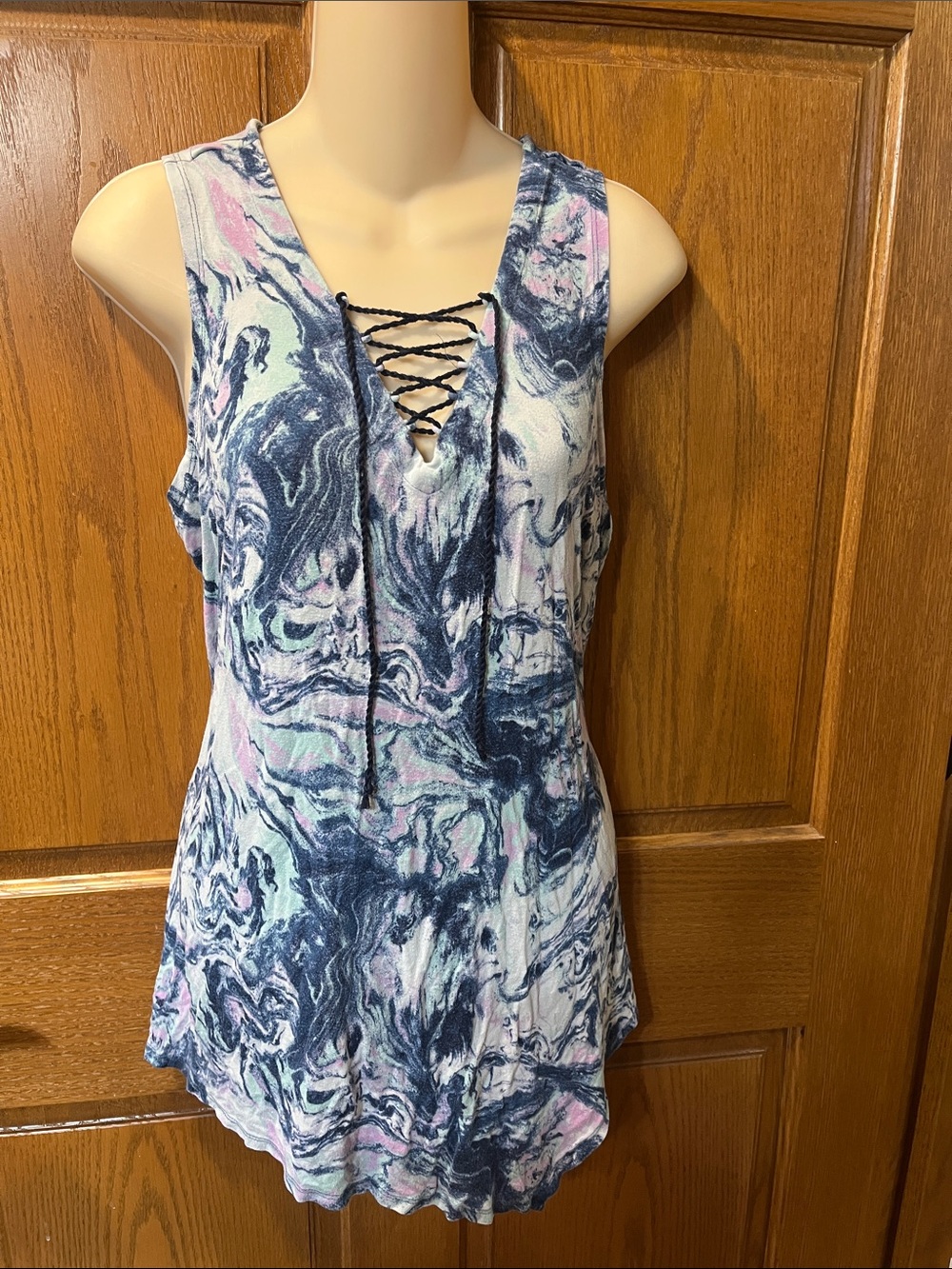 Soma Lace-Up Marble Print Tank in Blue and Pink